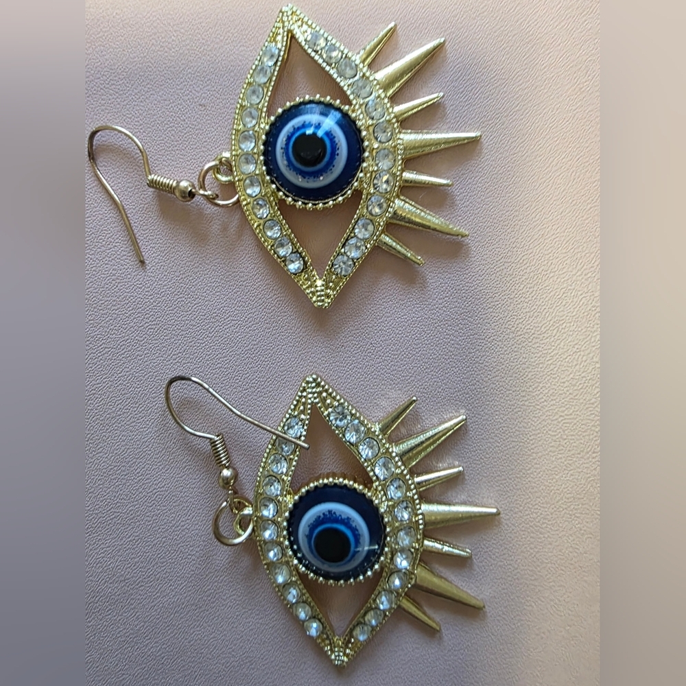 Gold and Blue Evil Eye Earrings NWOT